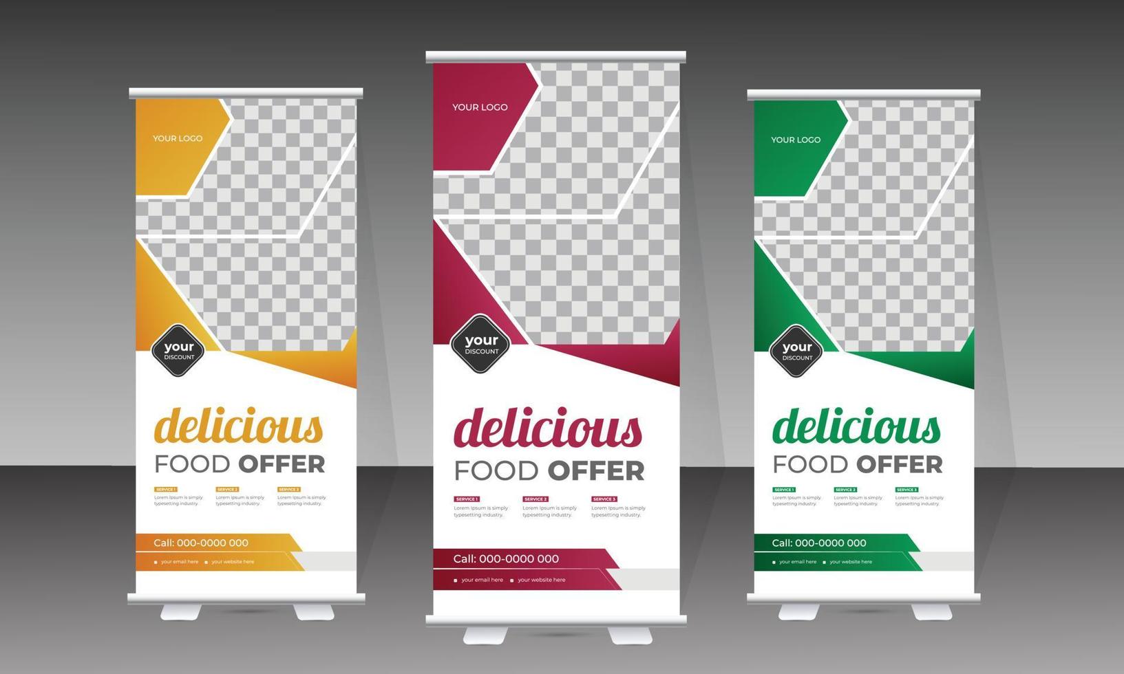 Food roll up banner and delicious food menu design template vector