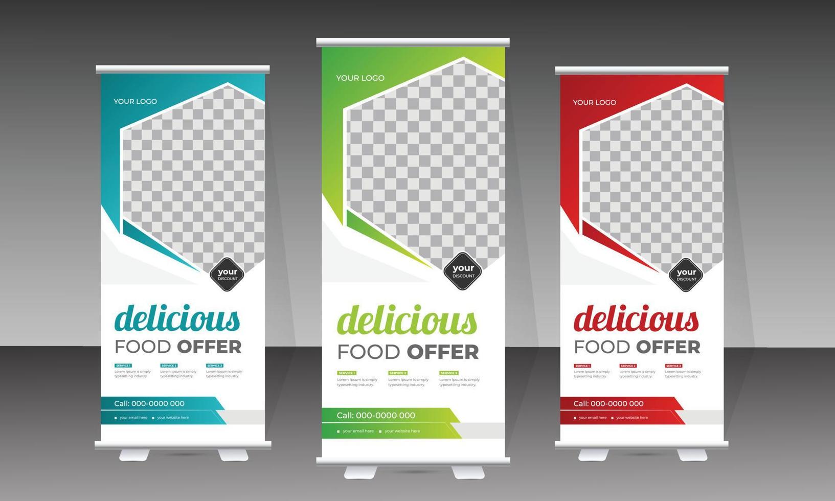 Food roll up banner and delicious food menu design template vector