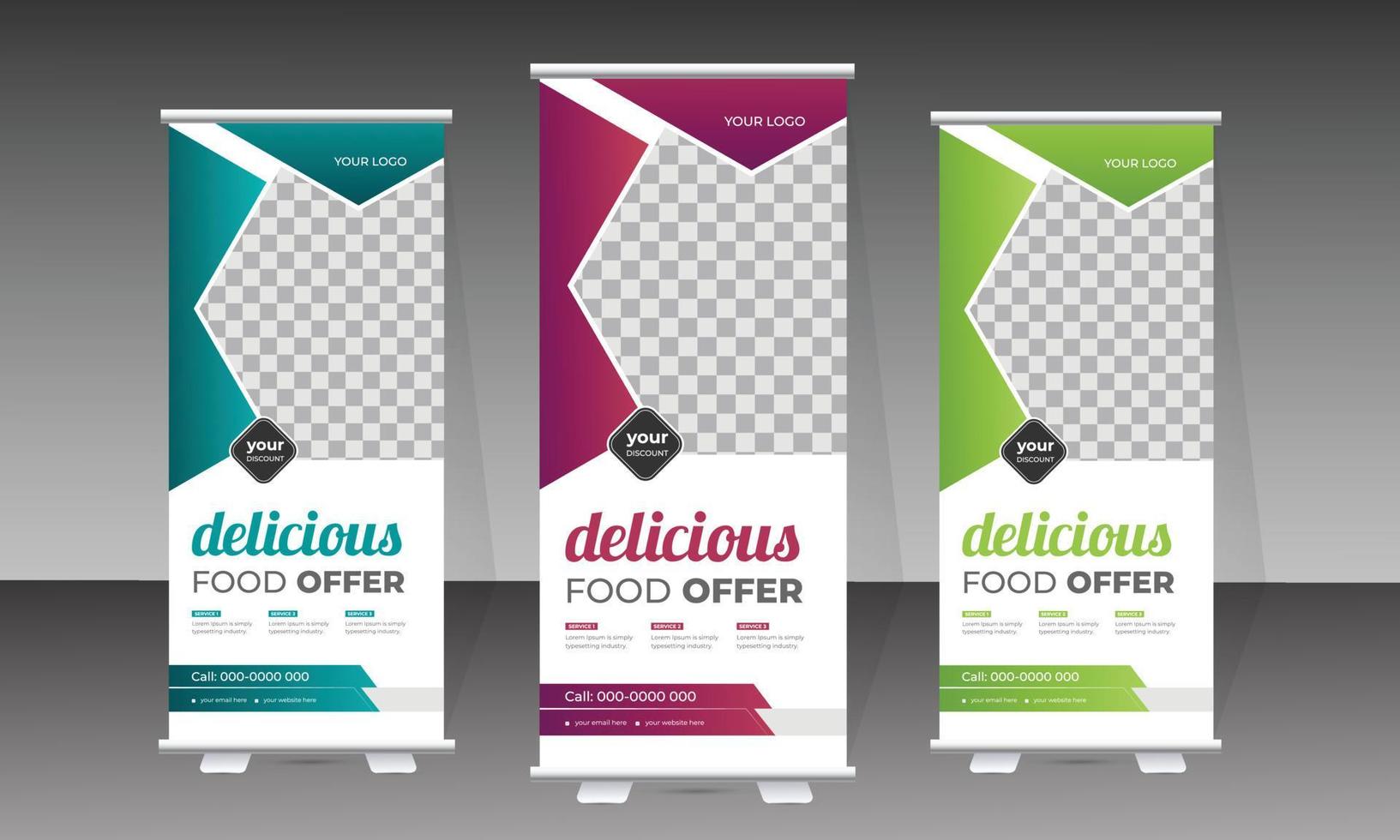 Food roll up banner and delicious food menu design template vector