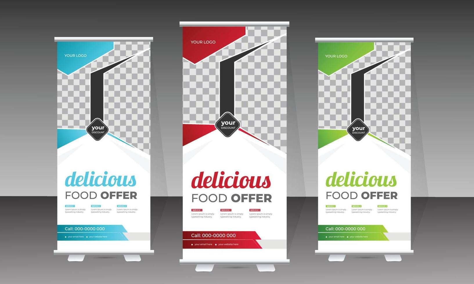 banner enrollable de comida y plantilla de diseño de menú de comida deliciosa vector