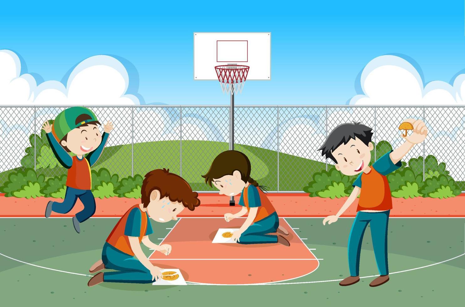 Children playing scratch dalgona cookie at the park vector