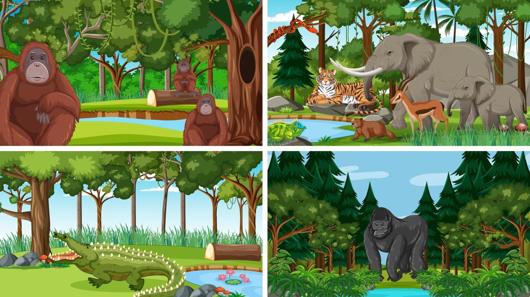 diferentes escenas del bosque con animales salvajes. vector