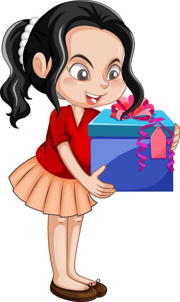 una niña sosteniendo un personaje de dibujos animados de caja de regalo sobre fondo blanco vector