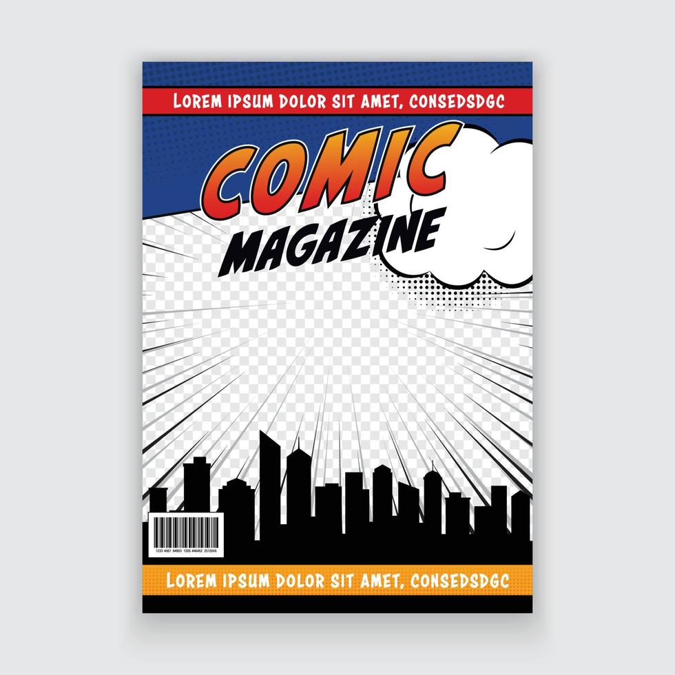 portada de cómic vectorial. plantilla de portadas de revista de cómics vacíos de superhéroe de la ciudad. vector