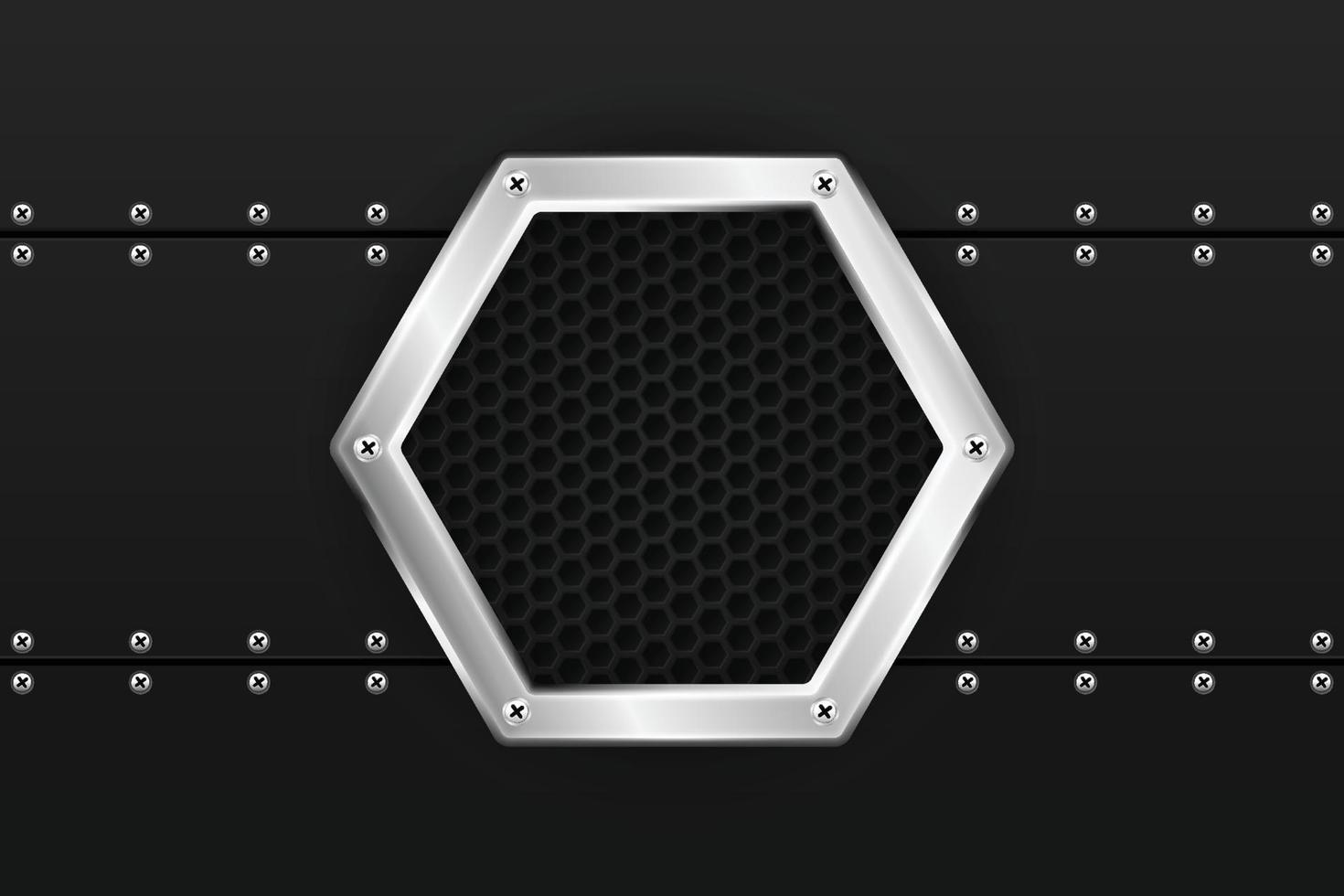 Vector metal industrial plate hexagin shape with screws on dark background.
