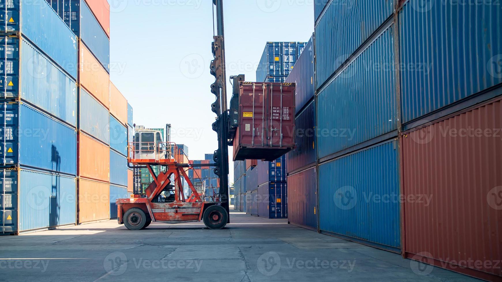 Container Cargo Port Ship Yard Storage Handling of Logistic Transportation Industry. Row of Stacking Containers of Freight Import Export Distribution Warehouse. Shipping Logistics Transport Industrial photo