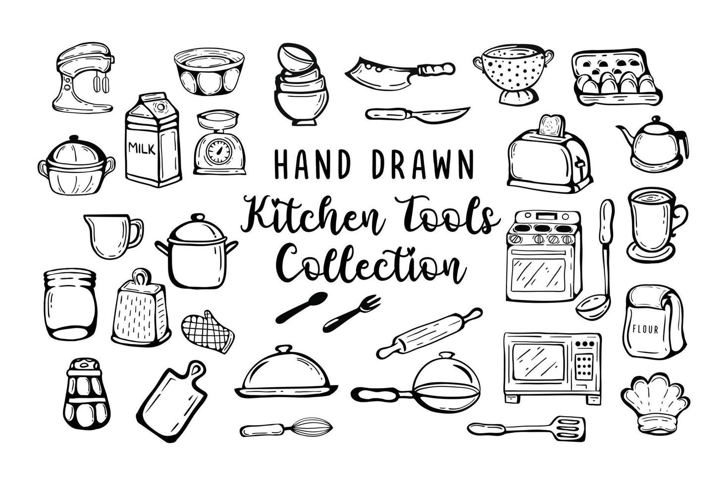 Hand drawn illustration kitchen tools collection vector