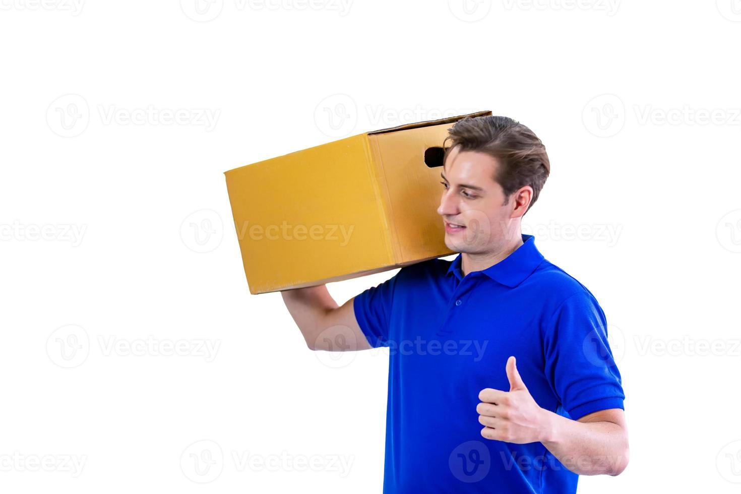 Happy young courier on blue T shirt uniform with parcel and clipboard on white background photo
