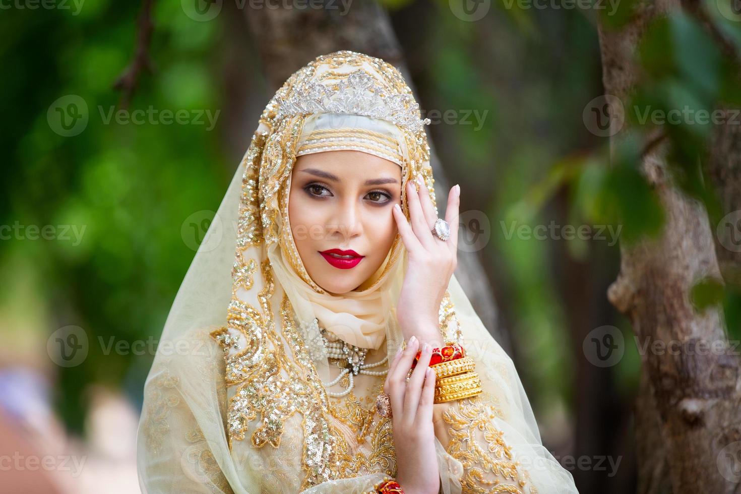 retrato de una hermosa niña india .india mujer en vestido tradicional sari y joyas. Retrato novia musulmana posando foto