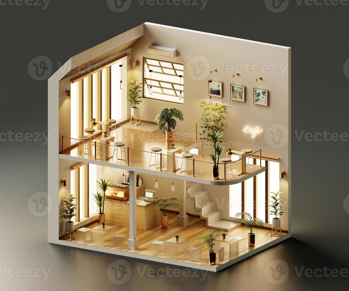 Isometric view minimal cafe store open inside interior architecture, 3d rendering. photo