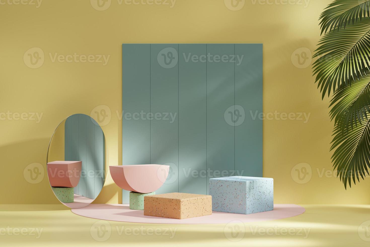 3D rendering platform podium with palm tree product presentation background photo