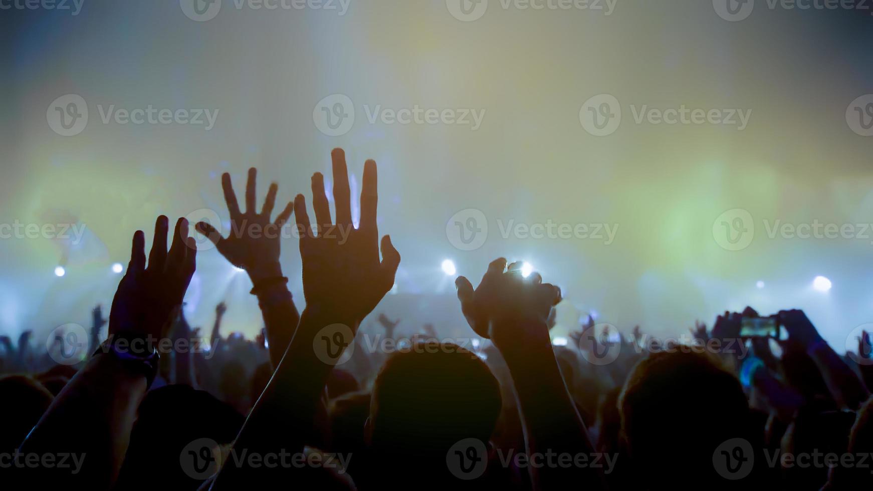 Concert Music festival and Celebrate. Party People Rock Concert. Crowd Happy and Joyful and Applauding or Clapping. photo