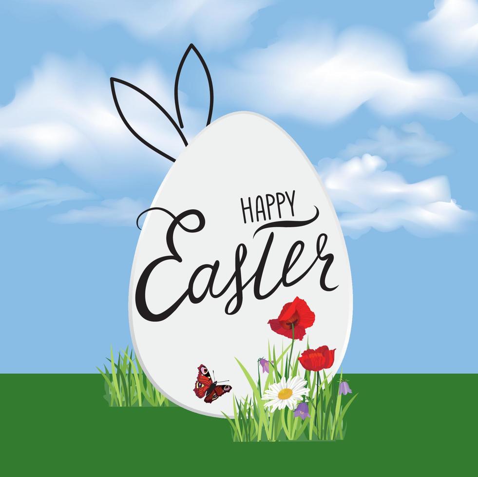 feliz tarjeta de felicitación de Pascua. huevo de pascua sobre el patrón de hierba y flores de campo. fondo festivo de vacaciones de primavera vector