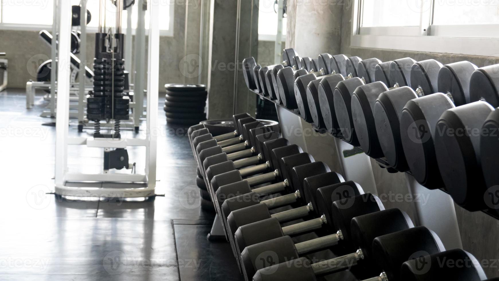 Side view row of dumbbells in fitness. photo