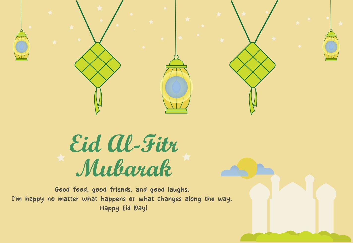 eid mubarak desea con ilustración de vector de fondo de platos de linterna y ketupat