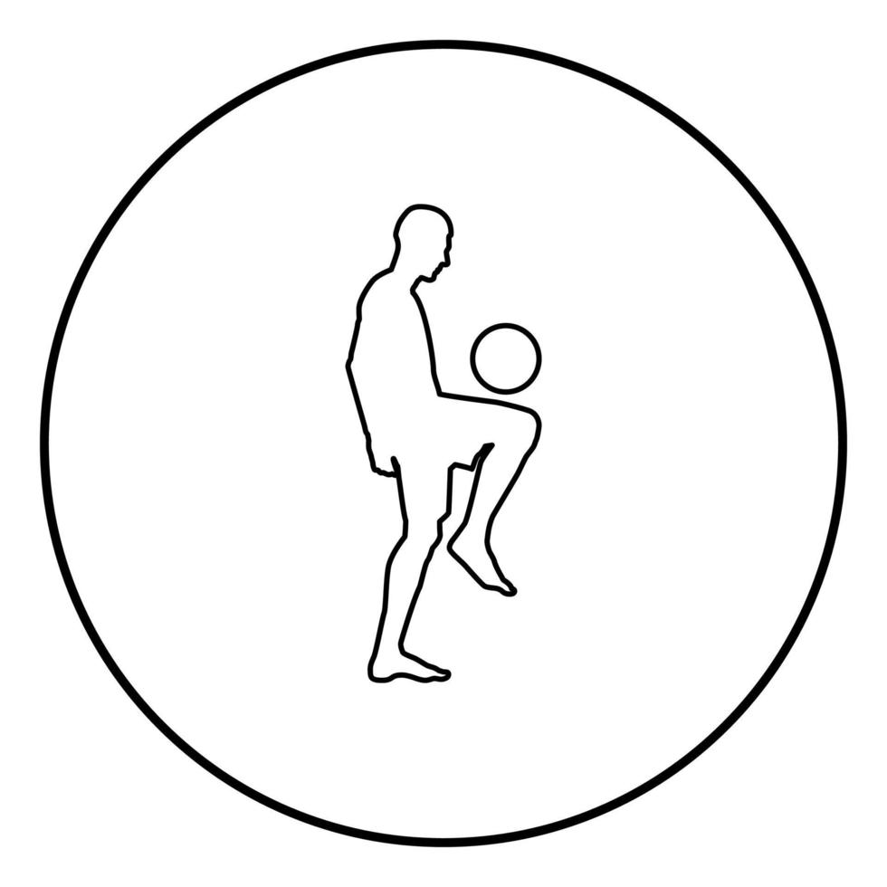 jugador de fútbol haciendo malabares con la pelota con la rodilla o metiendo la pelota en el pie icono de silueta ilustración de color negro en círculo vector