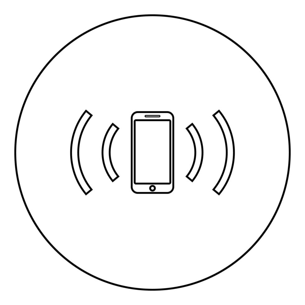 Smartphone emits radio waves Sound wave Emitting waves concept icon in circle round outline black color vector illustration flat style image