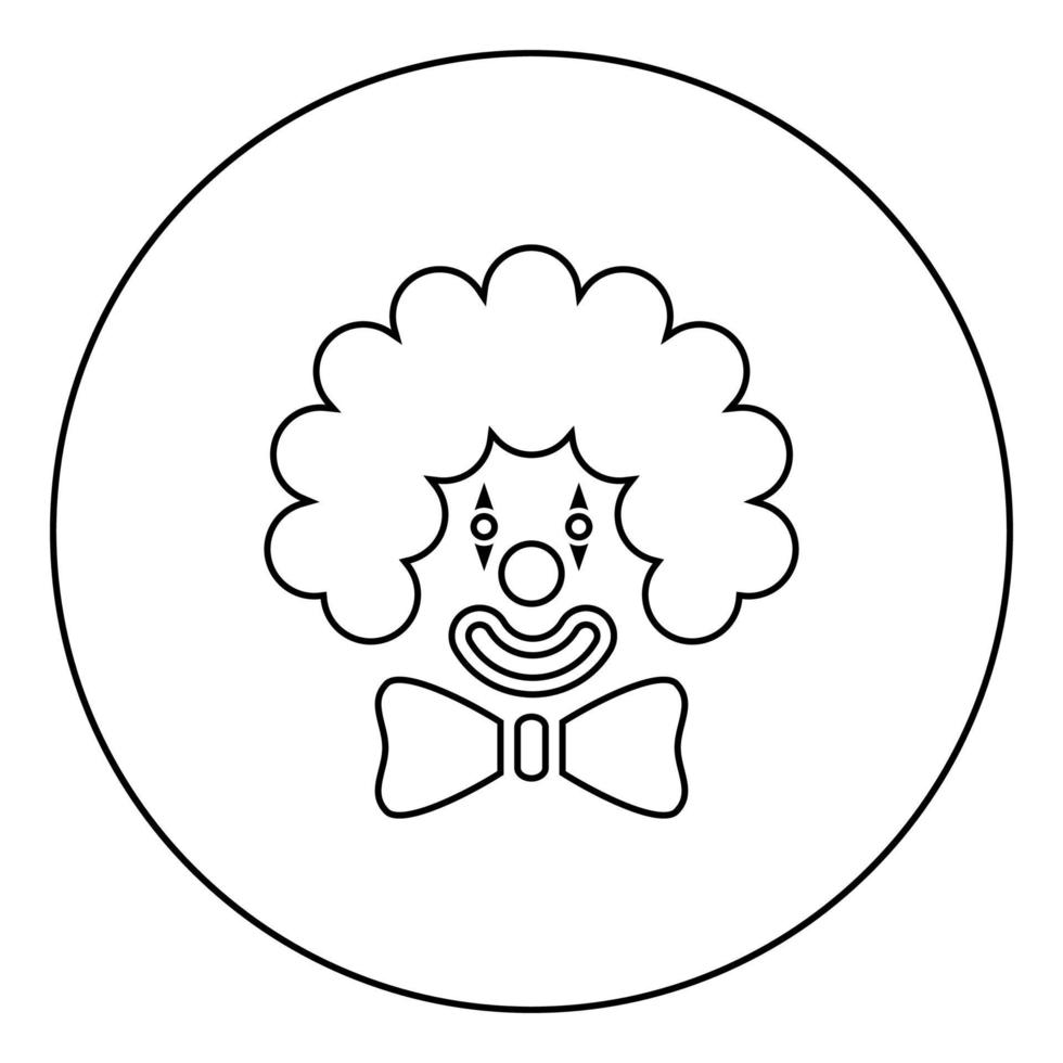 cabeza de cara de payaso con lazo grande y pelo rizado carnaval de circo icono de concepto de invitación divertido en círculo contorno redondo color negro ilustración vectorial imagen de estilo plano vector