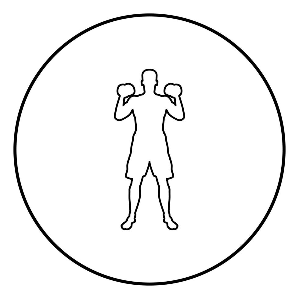 Man doing exercises with dumbbells Sport action male Workout silhouette front view icon black color illustration in circle round vector
