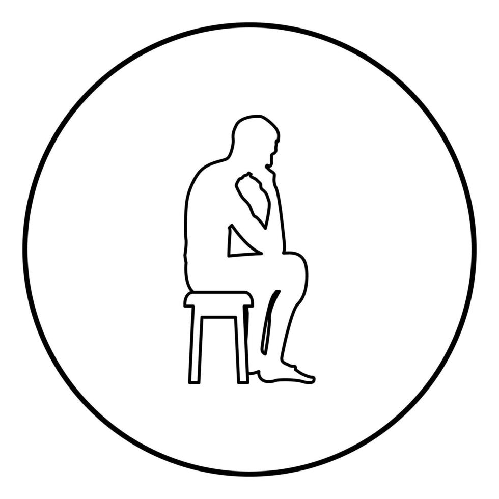 Thinking man sitting on a stool silhouette icon black color illustration in circle round vector