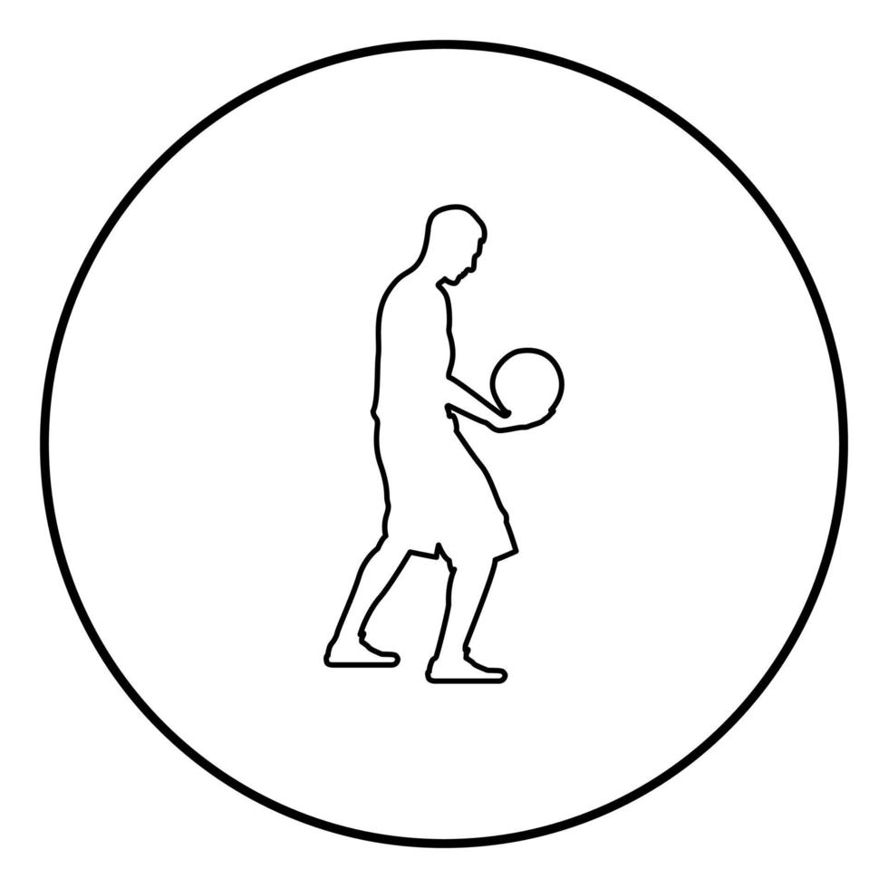 jugador de baloncesto sosteniendo la pelota hombre sosteniendo el icono de silueta de baloncesto ilustración de color negro en círculo redondo vector