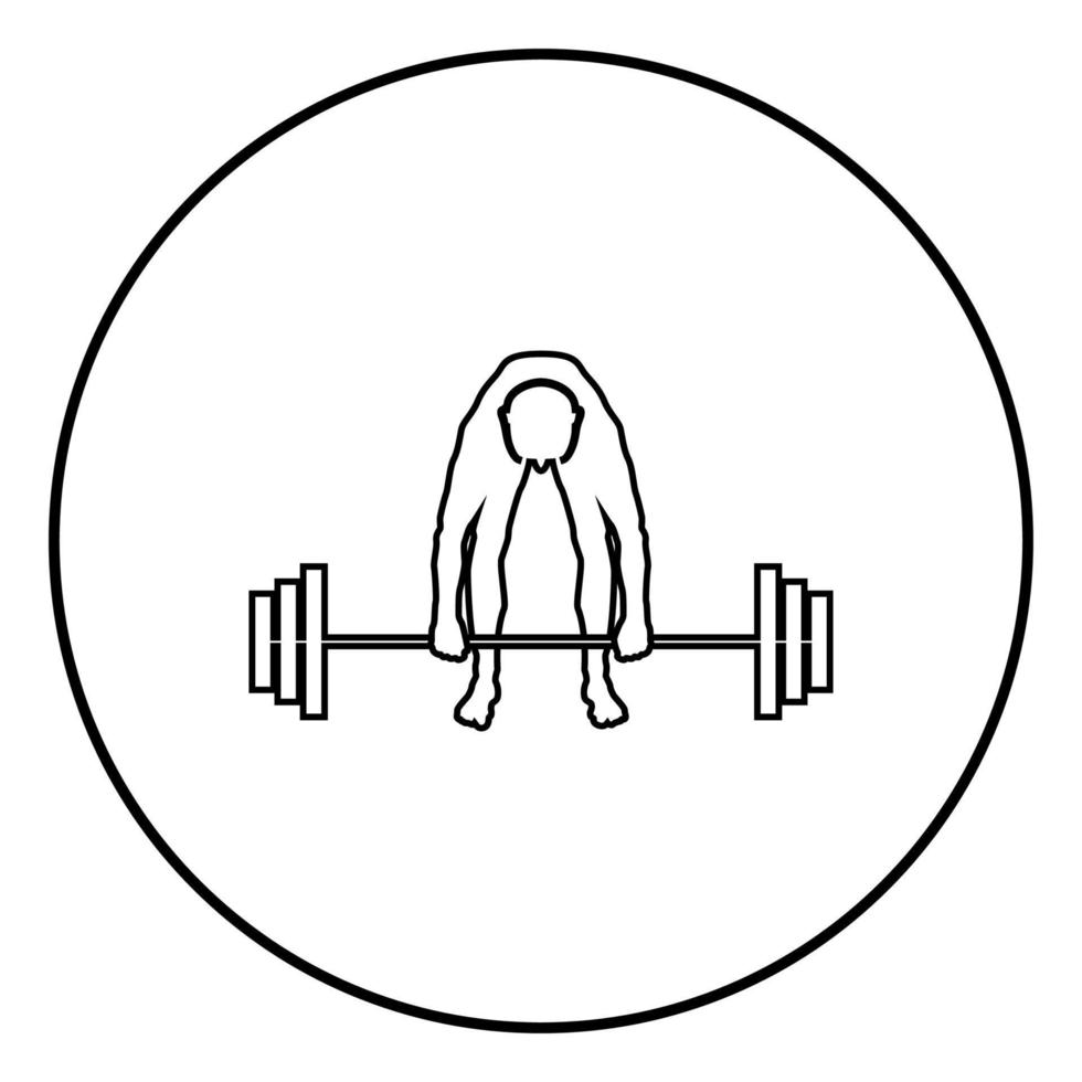 Muscular man weightlifter doing raising the barbell Sportsman raising weights silhouette icon black color illustration in circle round vector