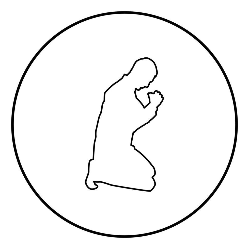 Man pray on his knees silhouette icon black color illustration in circle round vector