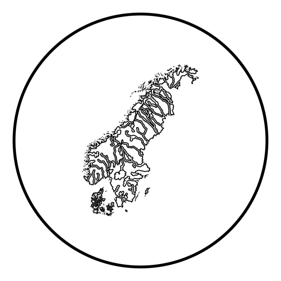 Map of Scandinavia icon outline black color vector in circle round illustration flat style image