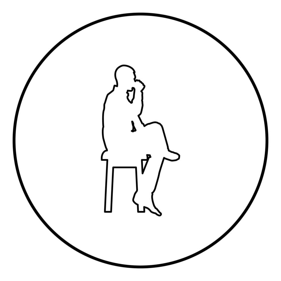 Man drinking from mug sitting on stool with crossed leg Concept relax icon outline black color vector in circle round illustration flat style image