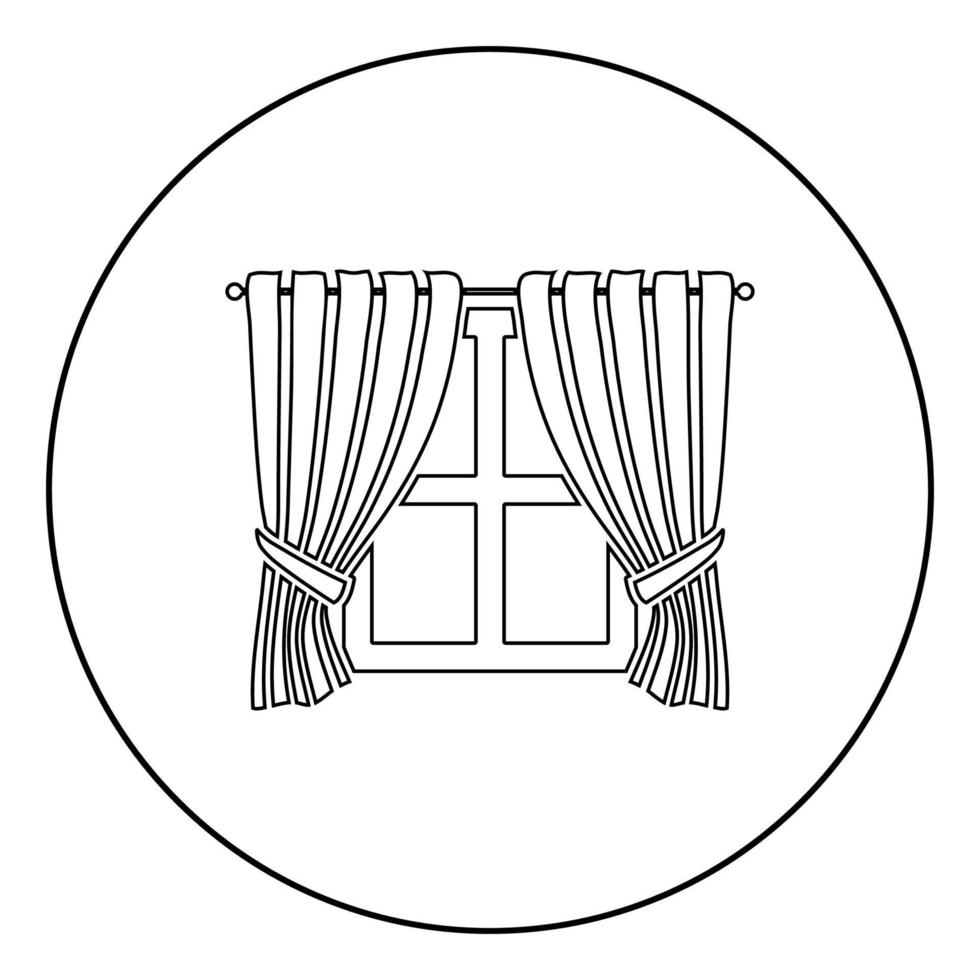 Curtains and window Interior concept Home window view decoration Waving curtains on window icon in circle round outline black color vector illustration flat style image