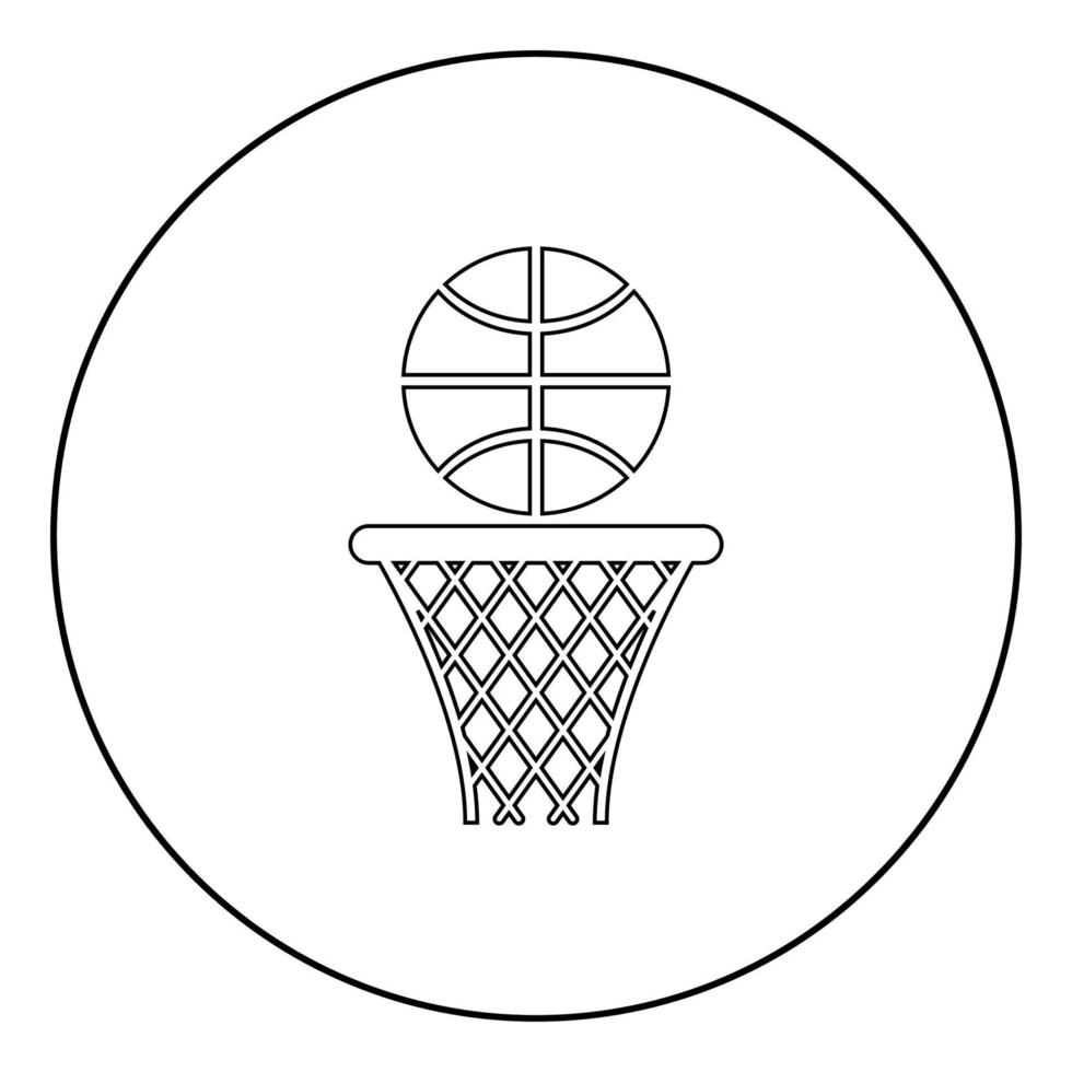 Basketball basket and ball Hoop net and ball icon in circle round outline black color vector illustration flat style image