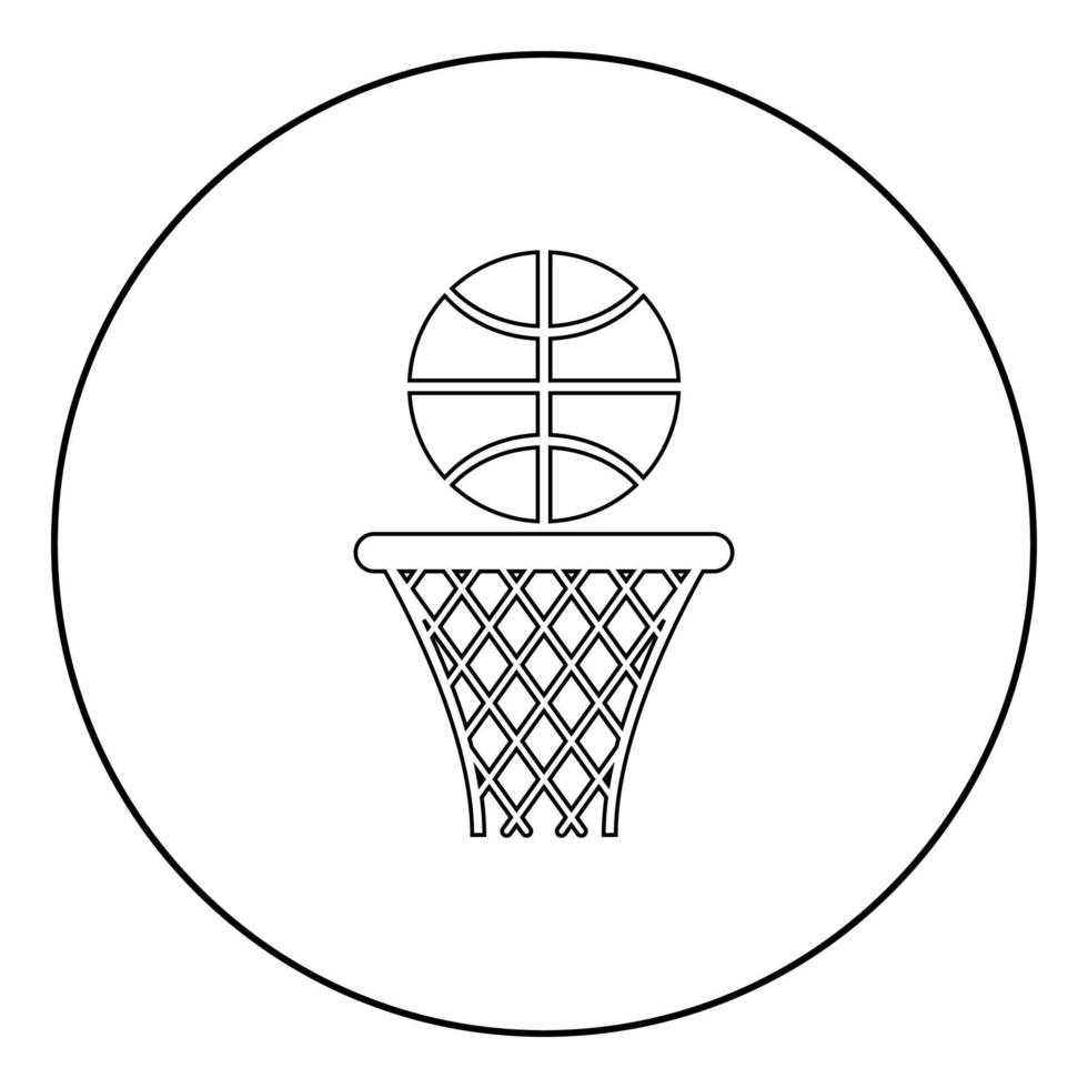 canasta de baloncesto y red de aro de pelota e icono de pelota en círculo contorno redondo color negro ilustración vectorial imagen de estilo plano vector