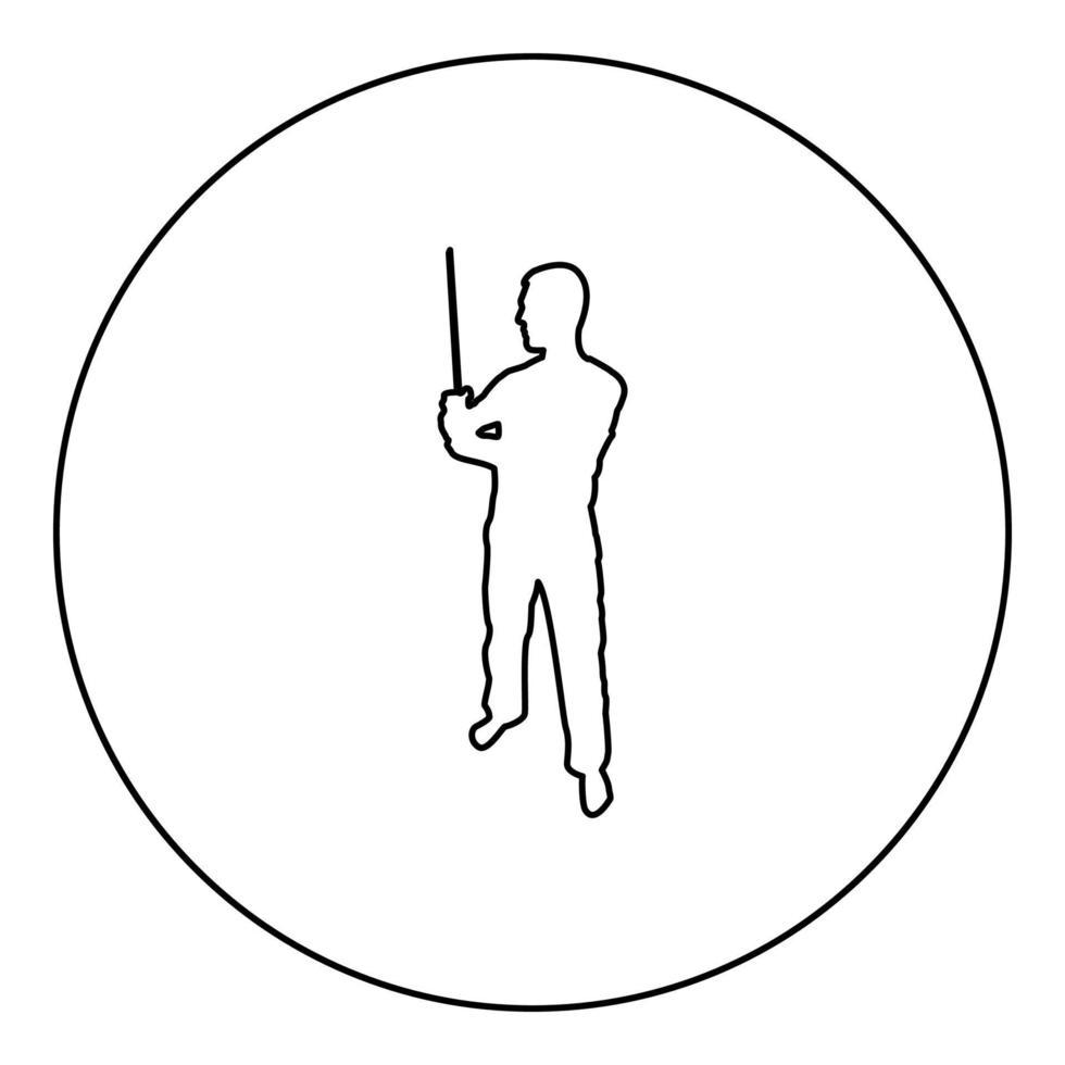 Man with sword machete Cold weapons in hand military man Soldier Serviceman in positions Hunter with knife Fight poses Strong defender Warrior concept Weaponry Stand silhouette in circle round black vector