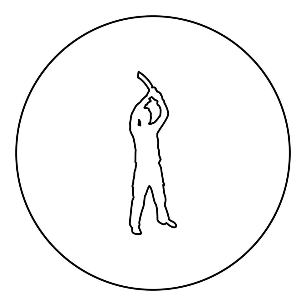 Man with sword machete from above Cold weapons in hand military man Soldier Serviceman in positions Hunter with knife Fight poses Strong defender Warrior concept Weaponry Stand silhouette in circle vector