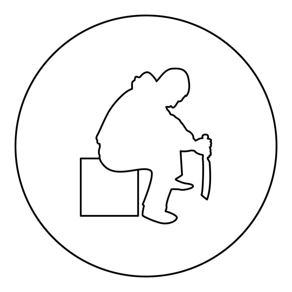 Man with sword machete Cold weapons in hand military man Soldier Serviceman in positions Hunter with knife Fight poses Strong defender Warrior concept Weaponry Sit on box silhouette in circle round vector