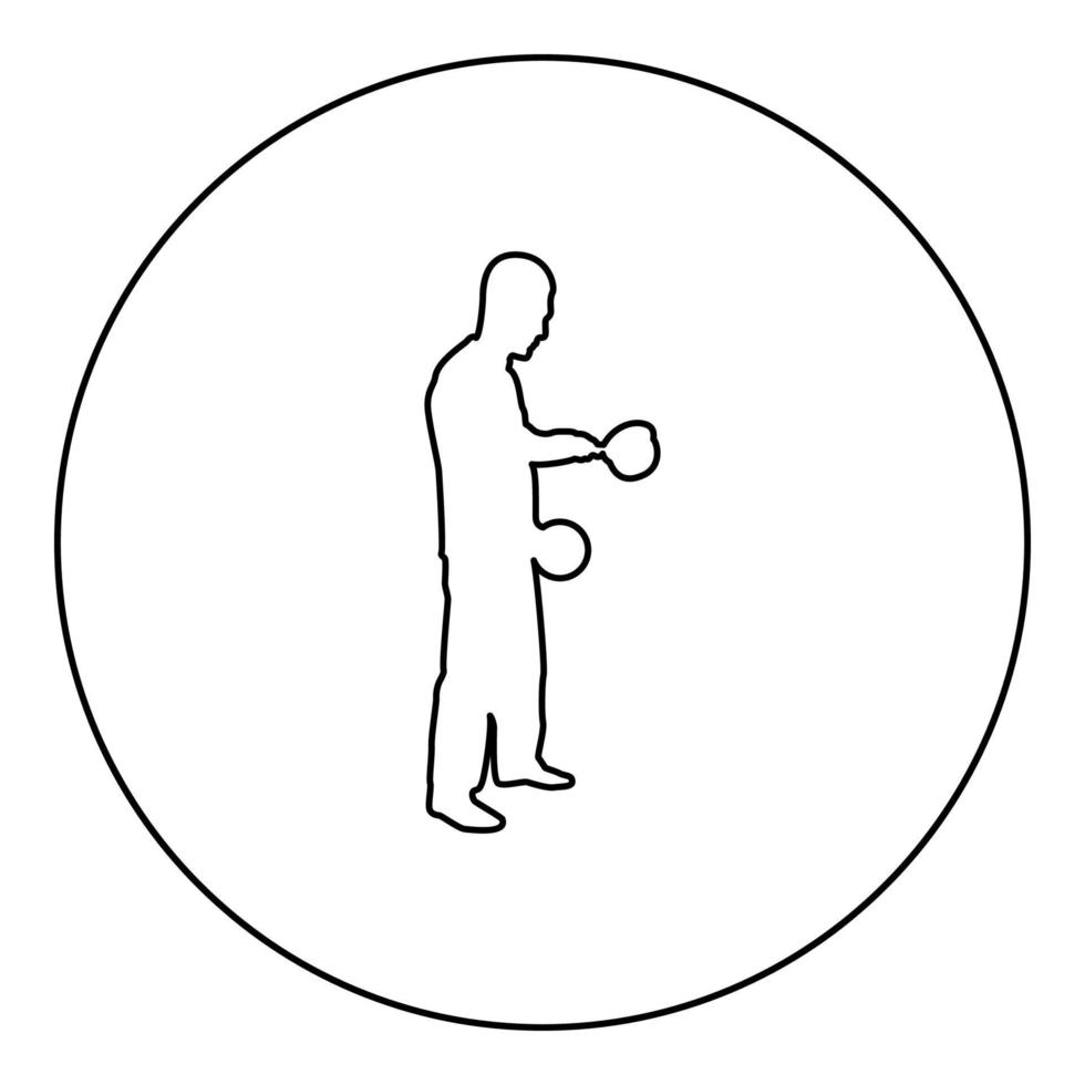 Man with saucepan in his hands preparing food Male cooking use sauciers with open lid silhouette in circle round black color vector illustration contour outline style image