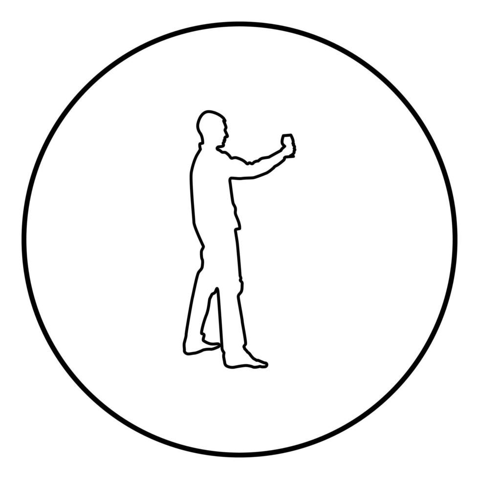el hombre sostiene en la mano una copa de vino a punto de hacer un brindis concepto de vacaciones icono contorno vector de color negro en círculo redondo ilustración imagen de estilo plano