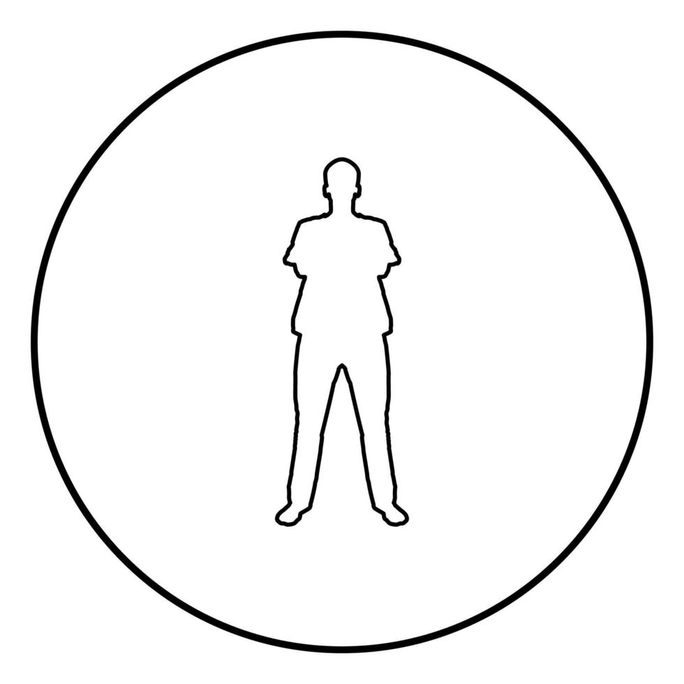 Man standing with hands crossed Dentist surgeon in medical clothes with folded hands on his chest Concept of the end of surgery operation Front view icon outline black color vector in circle round