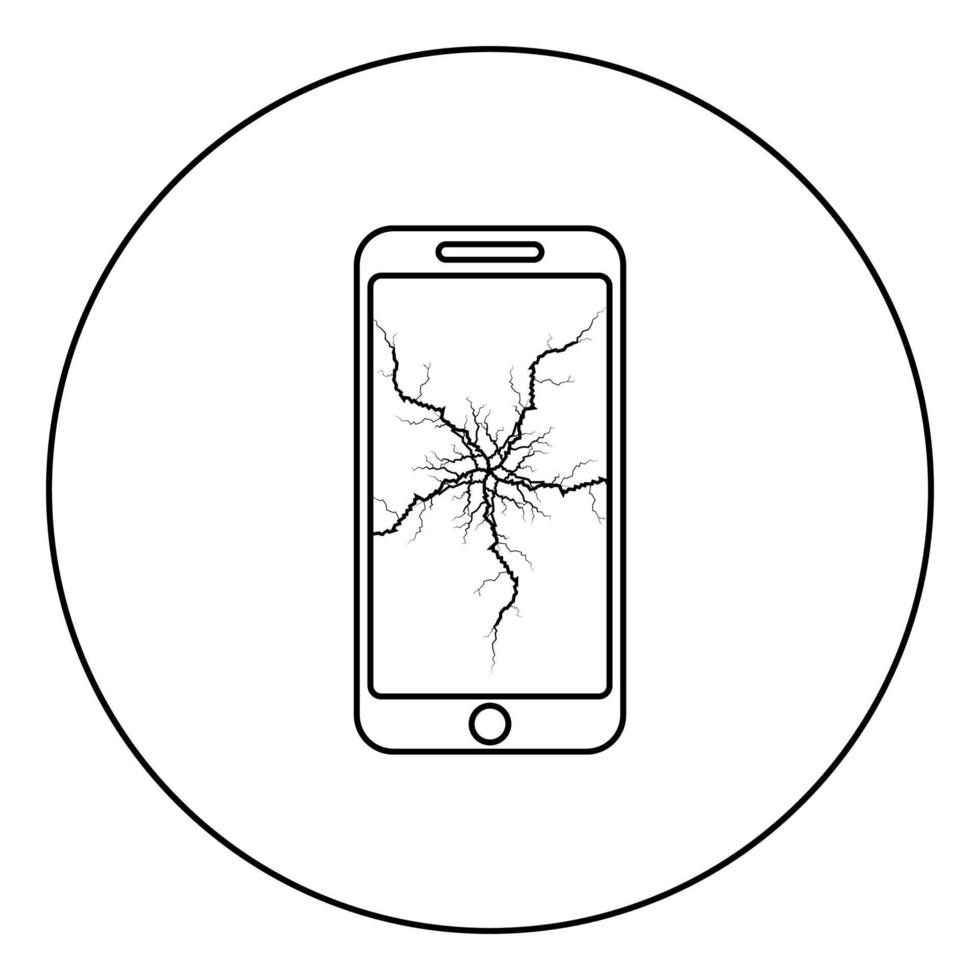Smartphone with crack on display Broken modern mobile phone Shattered smartphone screen Phone with broken matrix of screen Cell phone with cracked touch screen in center Broken glass telephone icon vector