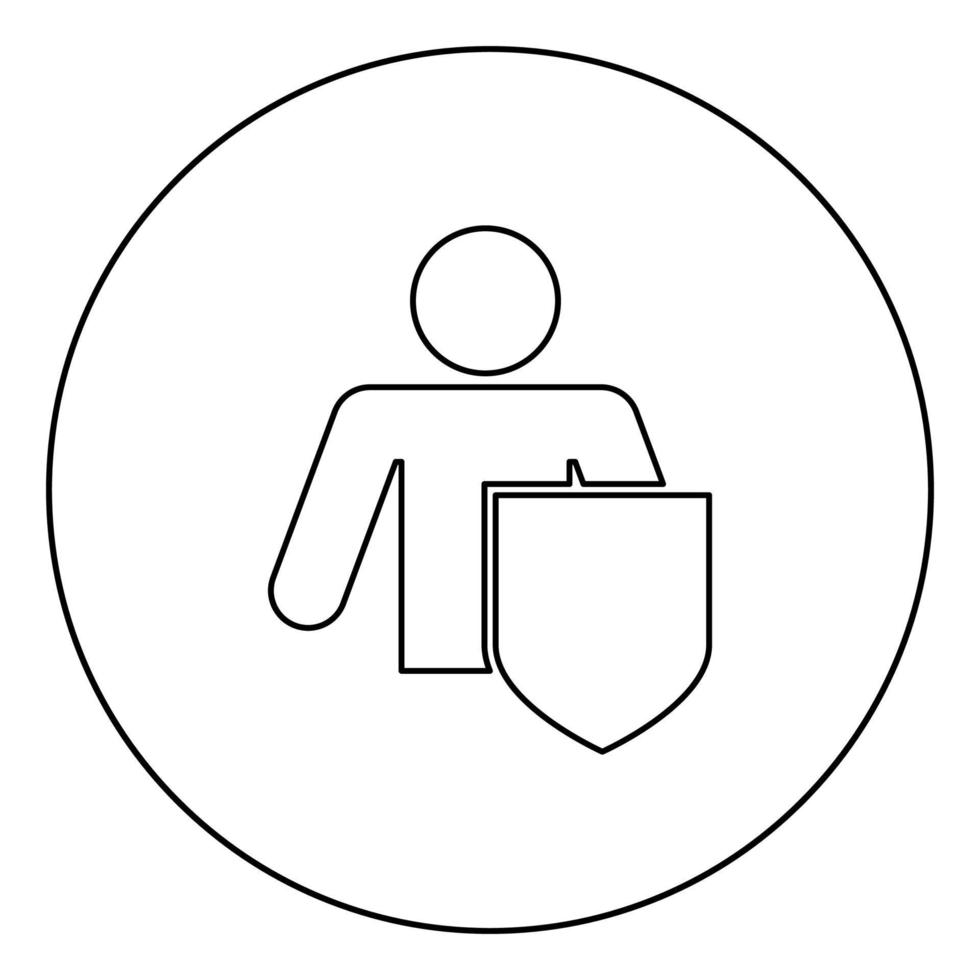 Stick man with shield Protecting personal data concept Man holding shield for reflecting attack Protected from attack idea icon in circle round outline black color vector illustration flat style image