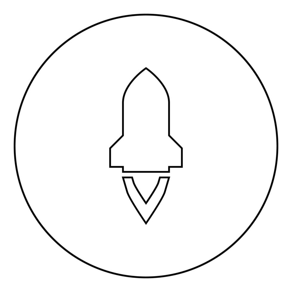 Rocket with flame in flying Spaceship launching Space exploration War weapon concept icon in circle round outline black color vector illustration flat style image
