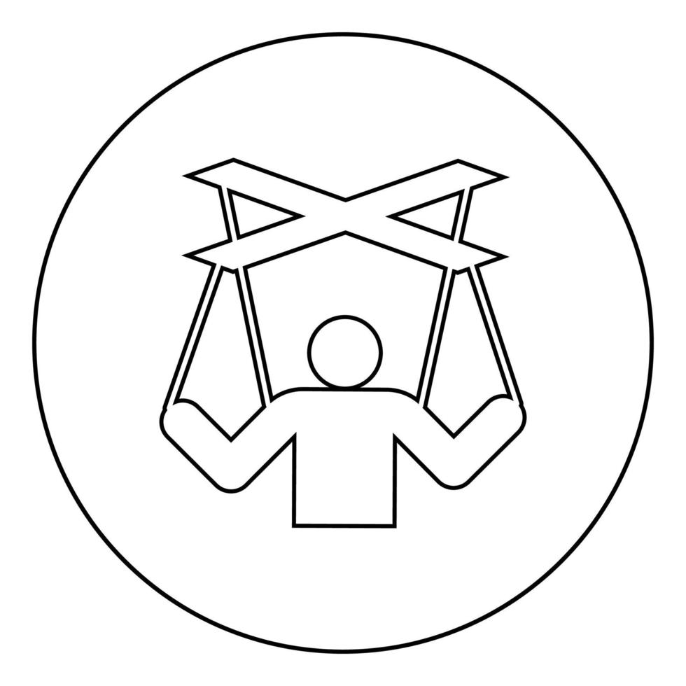 Human manipulation concept Puppet stick man manipulating on string Dependence theme Control people Management executive idea icon in circle round outline black color vector illustration flat style