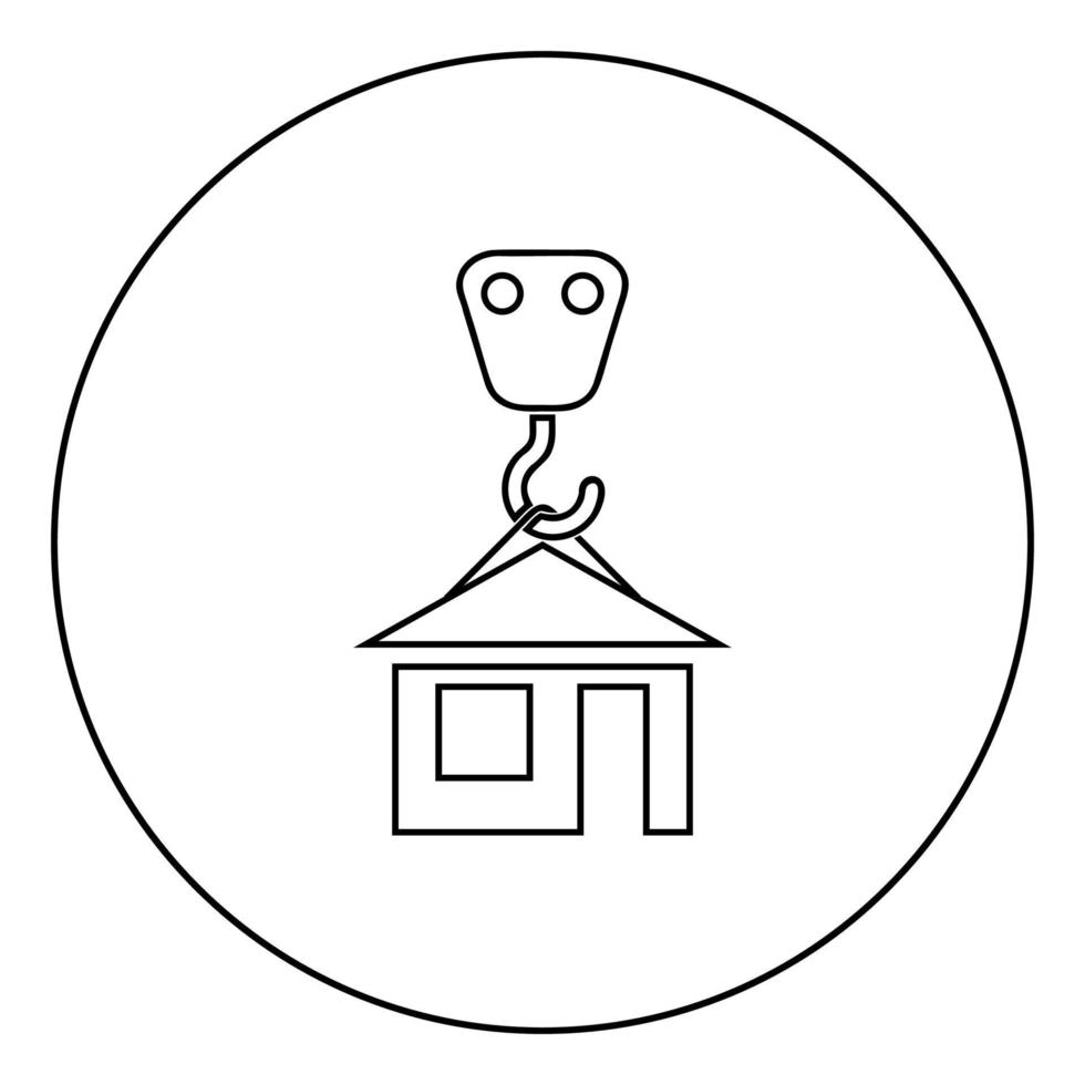 Crane hook lifts home Holds roof house icon in circle round outline black color vector illustration flat style image