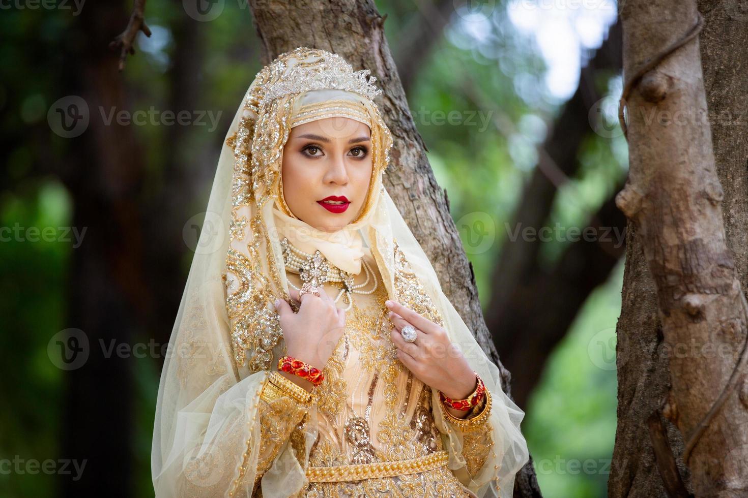 retrato de una hermosa niña india .india mujer en vestido tradicional sari y joyas. Retrato novia musulmana posando foto