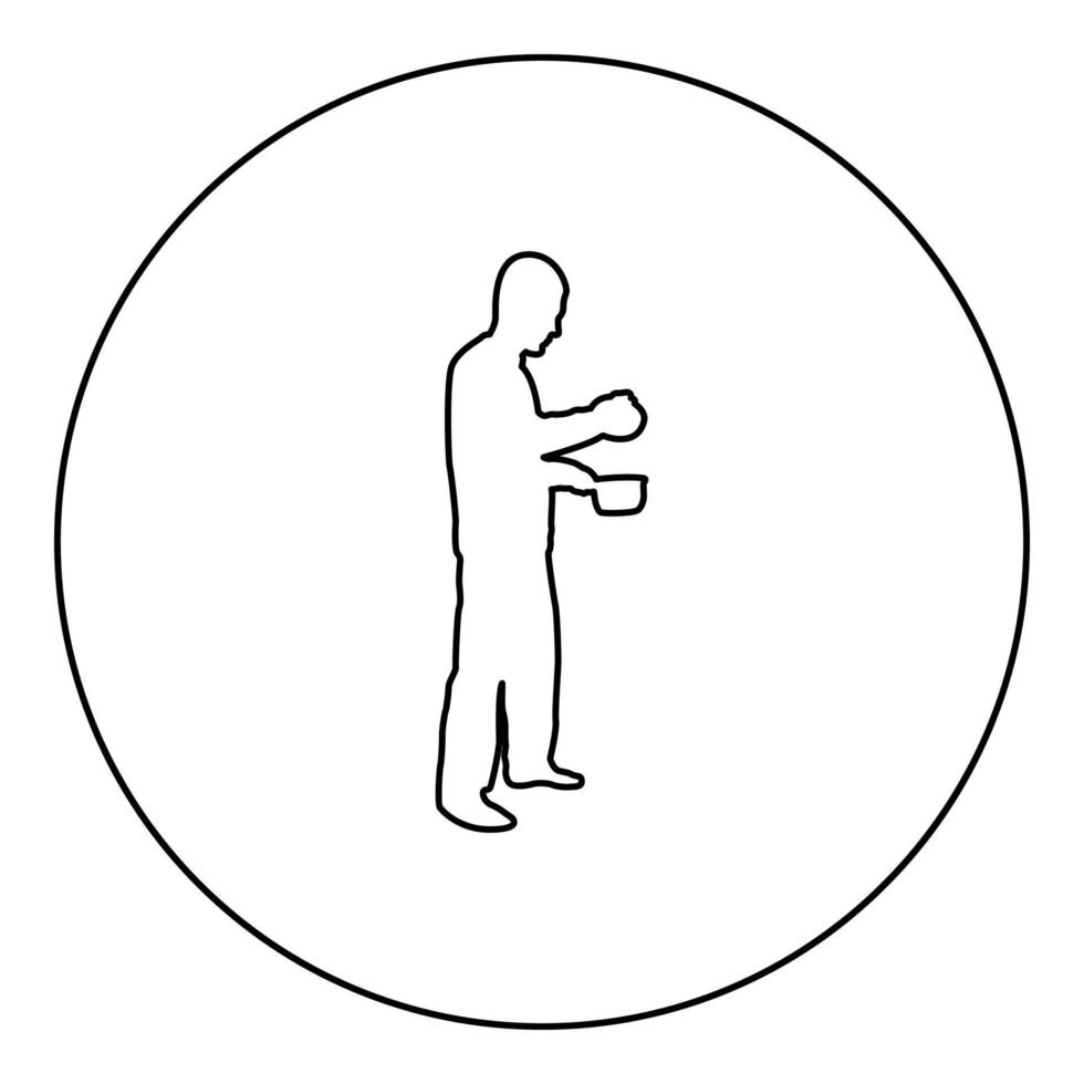 Man with saucepan in his hands preparing food Male cooking use sauciers with open lid silhouette in circle round black color vector illustration contour outline style image