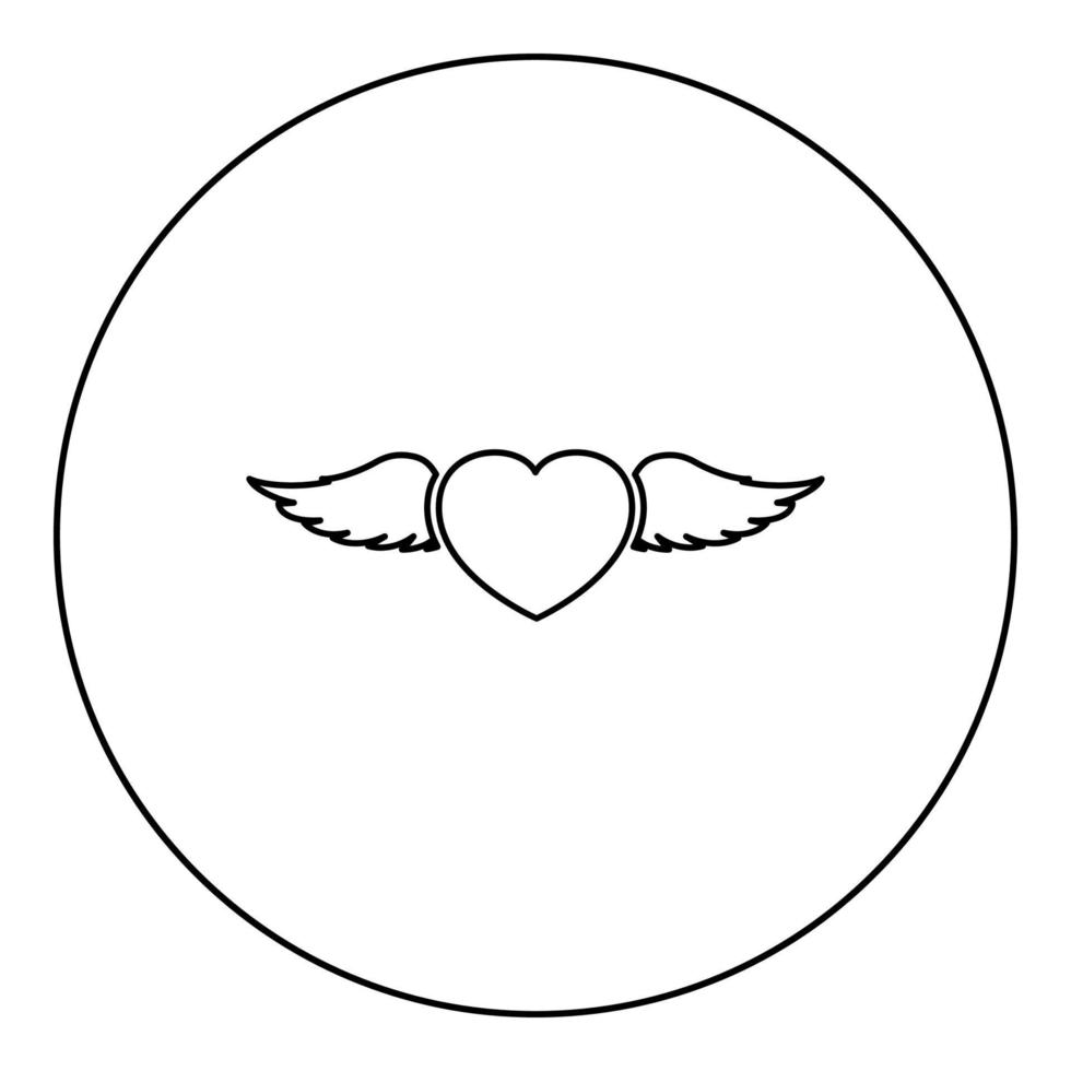 corazón con alas de ángel icono de pluma voladora en círculo redondo color negro ilustración vectorial imagen de estilo de contorno sólido vector