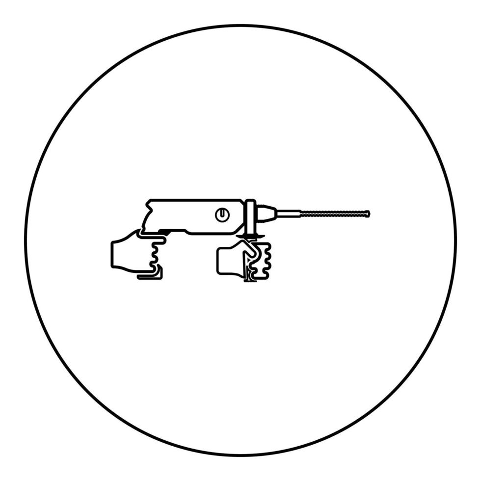 Electric rotary hammer drill in hand holding tool use Arm using Power tool icon in circle round black color vector illustration solid outline style image