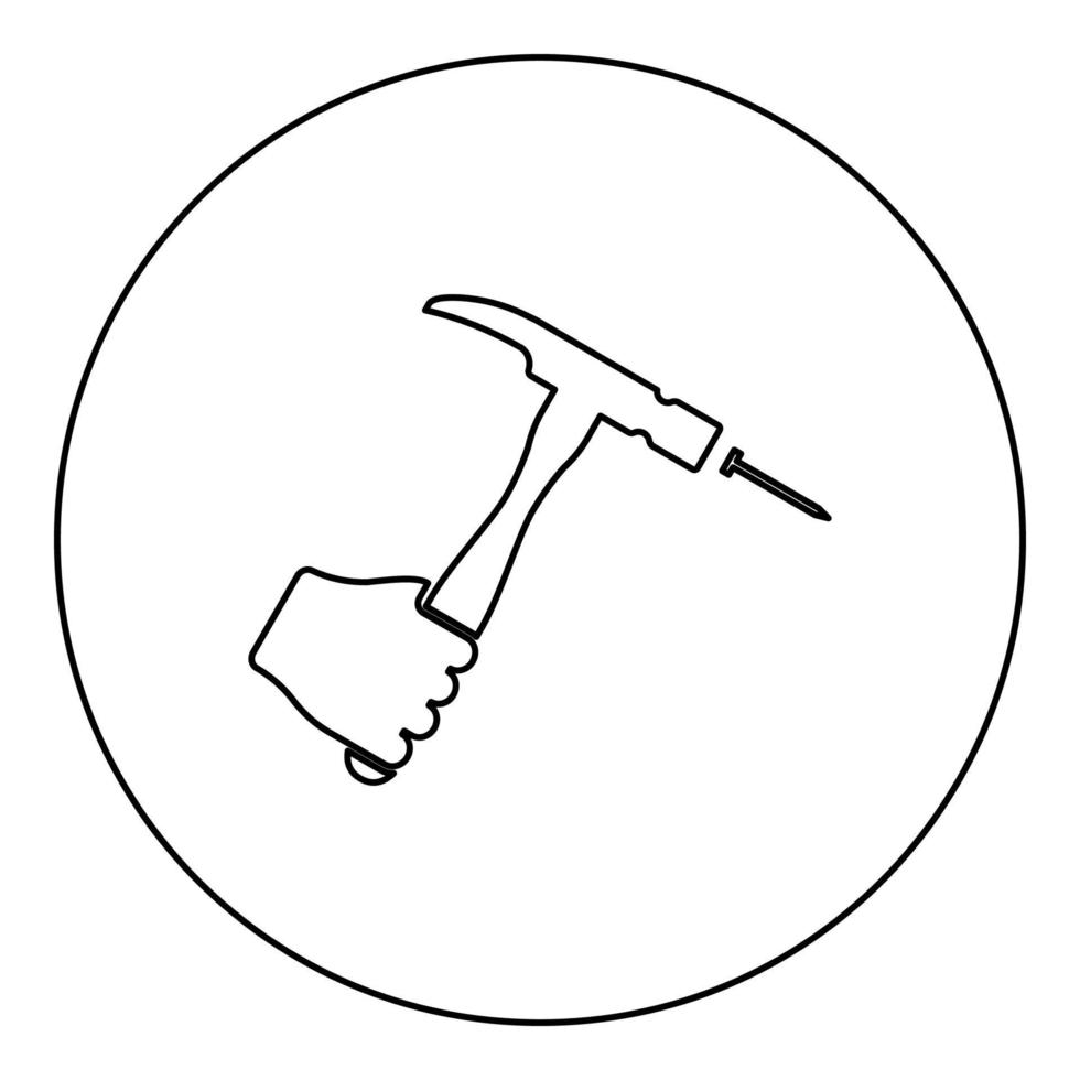 Hammer hits nail in hand claw holding Fixing and repairing working tools icon in circle round black color vector illustration image outline contour line thin style