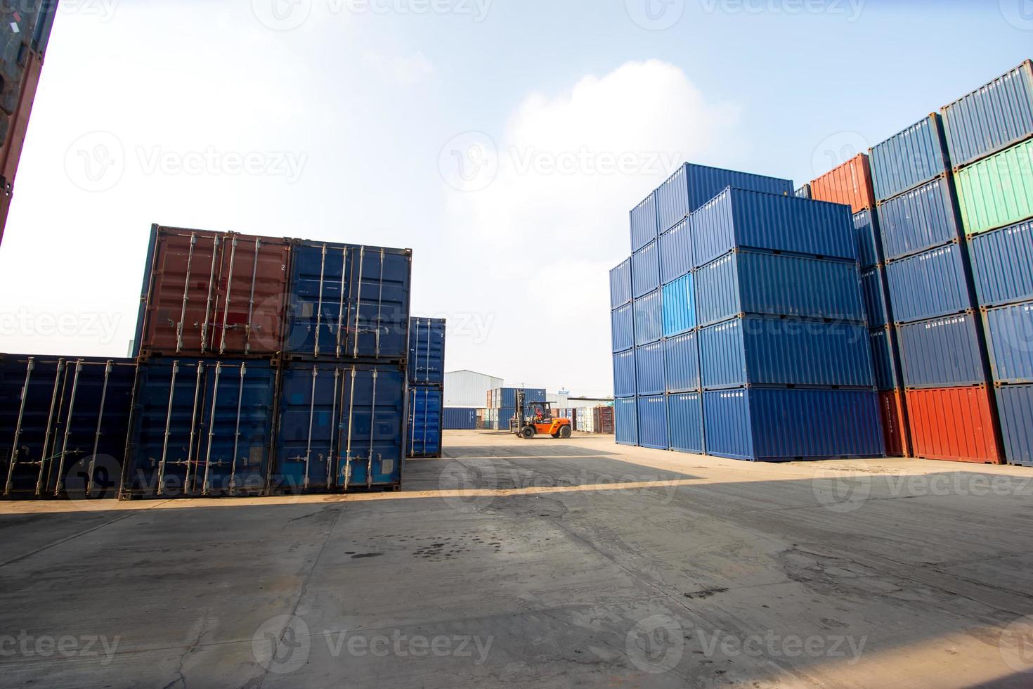 Container Cargo Port Ship Yard Storage Handling of Logistic Transportation Industry. Row of Stacking Containers of Freight Import Export Distribution Warehouse. Shipping Logistics Transport Industrial photo