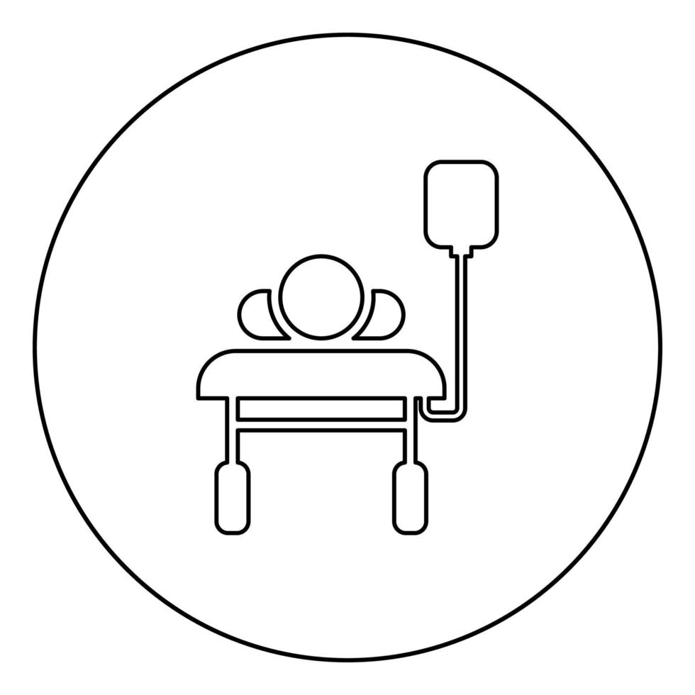 Patient lying on medical bed couch with dropper Man with dropping bottle Emergency therapy concept injecting resuscitation Intensive care icon in circle round outline black color vector illustration